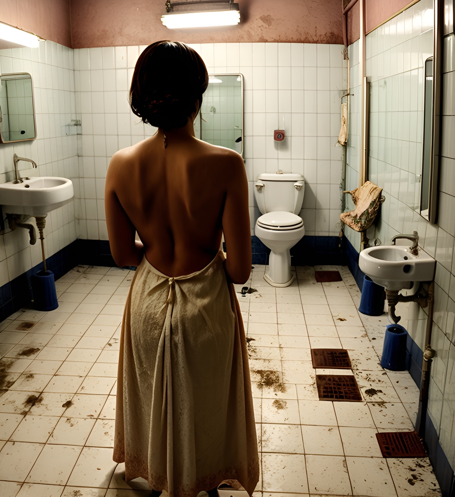 chrisevans a woman in a dirtypublic bathroom, gown WHLW.jpg
